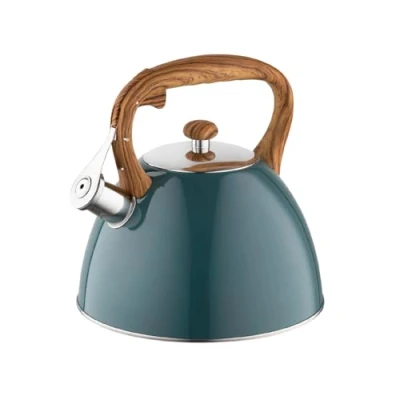 Imagen de Tetera FLORINA (2,5 l) de Acero Inoxidable FRANK Flauta Mango Madera Silbato Automático Para Estufa Inducción, Gas y Eléctrica Color: verde oscuro mate