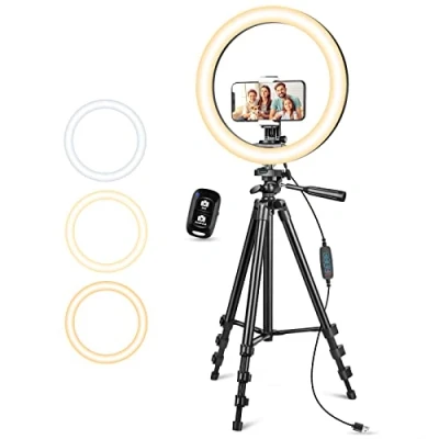 Imagen de Anillo de luz mejorado 10 pulgadas con soporte y para teléfono, LED regulable fotografía, selfie, grabación video, maquillaje, transmisión en vivo, compatible teléfonos,