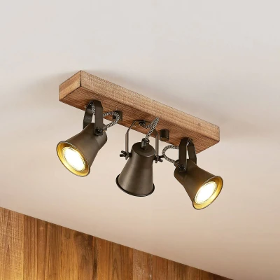 Imagen de foco halógeno &#039;Grandesa&#039; (Vintage) en Marrón hecho de Madera e.o. para Salón &amp; Comedor (3 llamas, GU10) Lindby lámpara techo, foco, lámpara, techo
