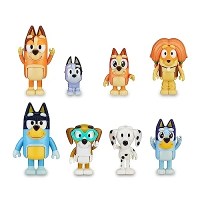 Imagen de Bluey Pack 8 Figuras Familia y Compañeros del Cole, articuladas, muñecos de 6 cm, colección Personajes la Serie Dibujos Infantil, niños niñas +3 años, Famosa (BLY49000)