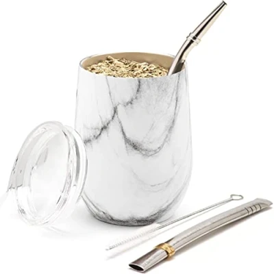 Imagen de balibetov Set de Mate Argentino para Yerba Kit Vaso Pared Doble Acero Inoxidable 18/8 Incluye Dos Bombilla y un Cepillo Limpiar la (355 ml, Marmol)