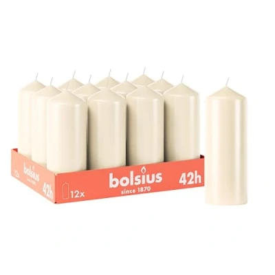 Imagen de Bolsius Velas lisas marfil 12 unidades 15 x 6 cm decorativas para el hogar Tiempo de combustión 42 horas Sin perfume Contiene cera vegetal natural aceite palma