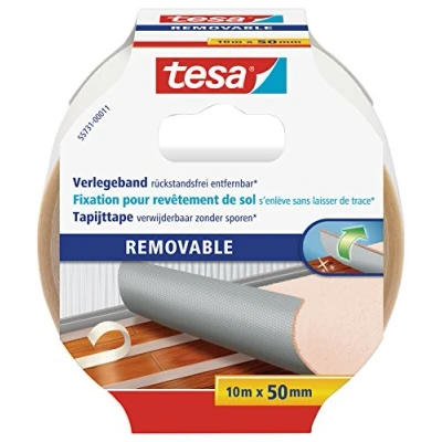 Imagen de tesa Cinta para Moquetas Removible Sin Dejar Residuos Doble Cara Fijar Alfombras y PVC Adhesivo Textil Reforzado Evitar Deslizamiento de Alfombras, 10 m x 50 mm, Blanco