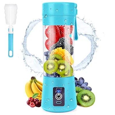 Imagen de Batidora portátil MIAOKE de batidos, mini licuadora personal con seis cuchillas en 3D, taza exprimidor recargable por USB para hogar/oficina/exteriores (Azul)