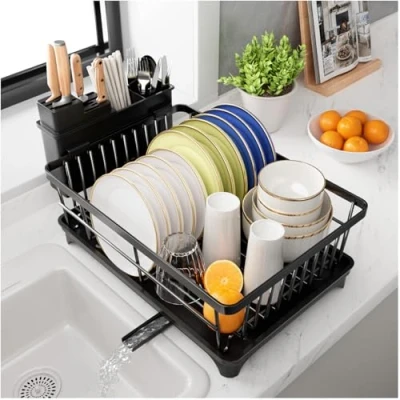 Imagen de PurKeep Escurreplatos escurridor de Platos Que Ahorra Espacio con Soporte para Utensilios encimera Cocina, Gran Capacidad escurridor, Color Negro