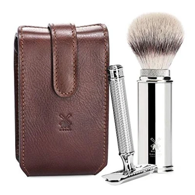 Imagen de Rt2sr Mühle Viaje Marrón Estuche de Cuero Punta Plateada Fibra/Cuchilla Afeitar Set