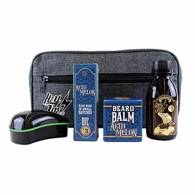 Imagen de HEY JOE Bearded Survival Kit Deluxe Nº 3 de arreglo barbas que incluye: aceite, balsamo, champú, cepillo para barba y neceser regalo