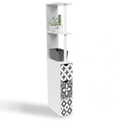 Imagen de IDMarket WILLY Mueble WC estante madera 2 puertas blanco y azulejos de cemento gris
