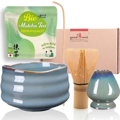 Imagen de Goodwei Juego de Matcha 30g Té Biológico Japonés, Cuenco Ceremonial, Batidor y Soporte (Menouseki)