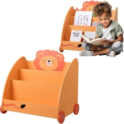 Imagen de Navaris Librería Infantil de Madera Biblioteca Montessori para niños con 3 Compartimentos Libros y Juguetes Estantería Ruedas Diseño león