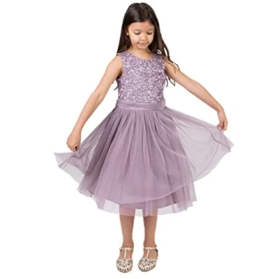 Imagen de Maya Deluxe Vestido Midi para Niñas con Lentejuelas Adornadas Fiesta, Tutú, Damas de Honor, Boda Lazo Cinturón, Lila Moody, 9 10 Años