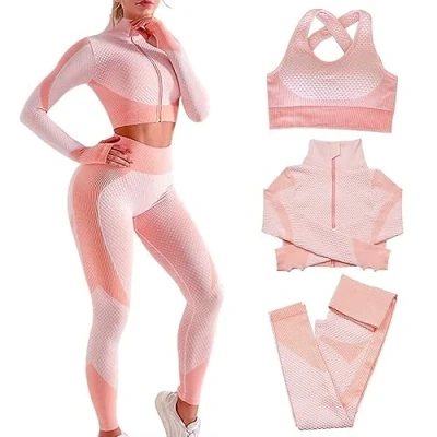 Imagen de Veriliss 3 Piezas Mujer Yoga Traje Entrenamiento Para, Gym Mallas de Sin Costuras y Sujetador Deportivo Elástico Ropa Gimnasio