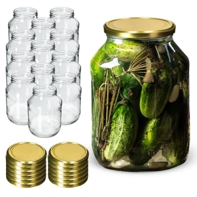 Imagen de KADAX tarros de cristal 2,5 L, para conservas, fi100 mm, conserva, pepino, redondos, conservas (12 unidades, tapas doradas)