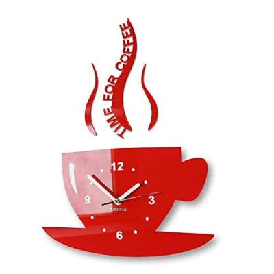 Imagen de FLEXISTYLE Tasse Time for Coffee Reloj de Pared para Cocina, diseño Moderno, Color Rojo