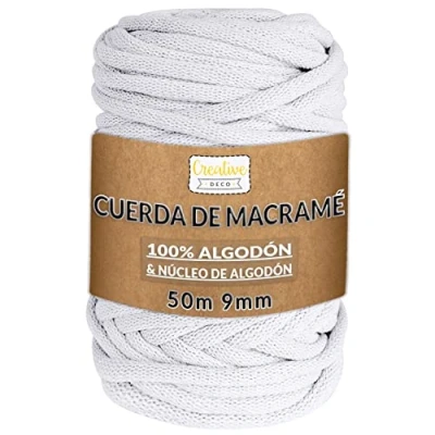 Imagen de Creative DECO 9mm x 50m Cuerda Macramé Hilo Algodón Blanca Espesor + 0.5 mm Cordel Cordón Rollo Grande Natural Grueso Fuerte Decoración Hornear Cocinar Manualidades Artesanía Bricolaje y Embalaje