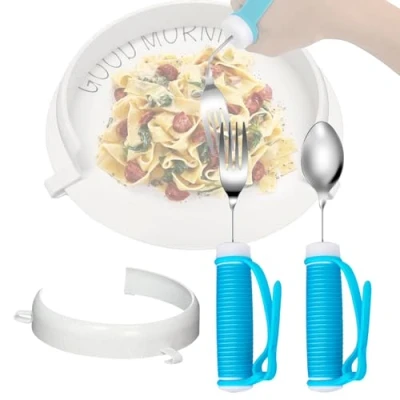 Imagen de Juego de vajilla ayuda para ancianos, protector alimentos platos, cuchara y tenedor, accesorios asistente diario discapacitados Parkinson