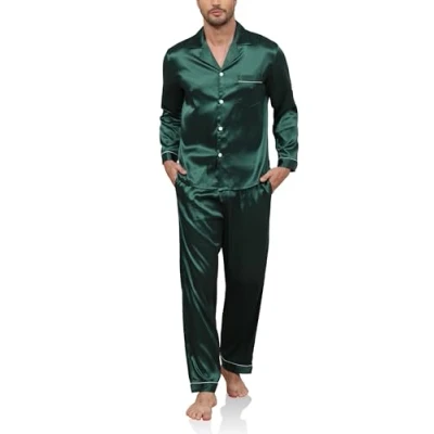 Imagen de Reliwel Pijama de Satén para Hombre Manga Larga con Botones y Pantalones Largos Otoño Invierno Ropa Descanso Conjuntos 2 Piezas S XXL