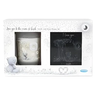 Imagen de Me to You Tatty Teddy Juego de velas y placa pared con texto en inglés &quot;Love The Moon and Back&quot;, colección oficial, color azul, gris