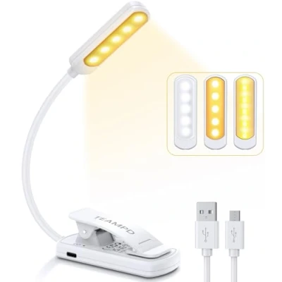 Imagen de TEAMPD 10 luces LED para libros, 3 colores que protegen los ojos, brillo ajustable, batería recargable por USB de 12 horas, luz flexible clip leer, pintar, viajar, regalo niños