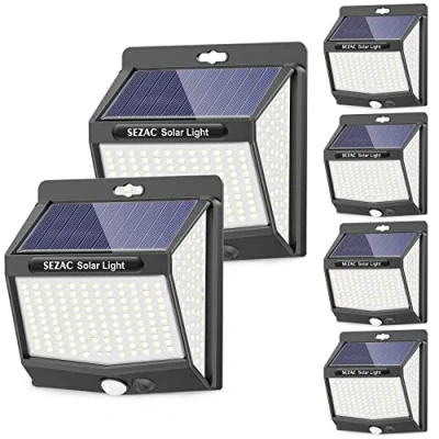 Imagen de SEZAC Luz Solar Exterior [6 Paquete/3 Modes] 270 Súper Brillante Focos Led Solares con Sensor de Movimiento, IP65 Luces Jardin para Garajes, Caminos, Puertas Delanteras