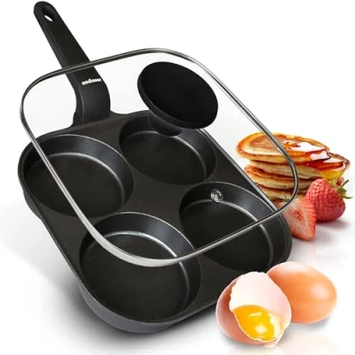 Imagen de endusor Sartén para Huevo frito y Tortitas con Tapa Sarten de 21 cm 4 hoyos protección antiadherente Todo Tipo Cocinas e Inducción divida Huevos fritos Panquecas Crepes