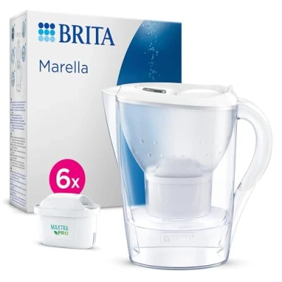 Imagen de BRITA jarra con Filtro de Agua Marella Blanca (2,4 l) Incl. 6x Cartucho MAXTRA PRO All in 1 adaptable al frigorífico LTI digital y tapa abatible que reduce cloro, cal e impurezas.