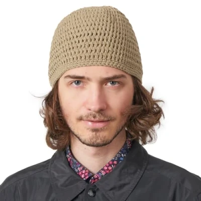 Imagen de CHARM Sombrero Hombre Kufi Gorro de Punto Crochet Algodón para Oración Verano Hecho A Mano Beige L