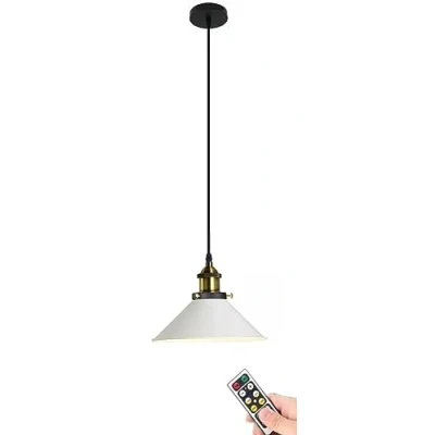 Imagen de lámpara colgante blanca que funciona con pilas control remoto, de techo no cableada, iluminación inalámbrica para dormitorio, comedor, isla cocina (Color : 1 Light)