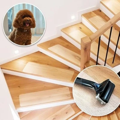 Imagen de KARAT alfombrillas para escaleras 15 unidades 60 x 10 cm, transparentes, tiras antideslizantes autoadhesivas, incluye ruedas de montaje, (Henri)
