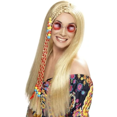 Imagen de Smiffys Peluca de fiesta hippy, rubia, larga con abalorios colores