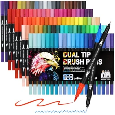 Imagen de Owelth 100 Rotuladores Lettering de Colores, Punta Pincel Doble Punta, Plumones Brush Pens para Principiantes y Adultos Dibujo, Pintar, Caligrafía, Coloreado