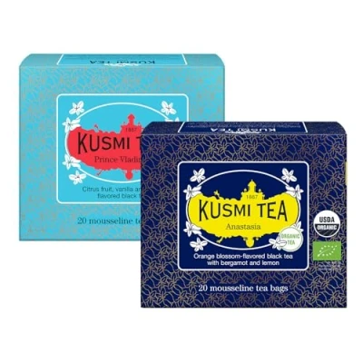 Imagen de Kusmi Tea Juego de 2 Cajas Té Anastasia + Prince Vladimir Negro 100% Orgánico Earl Grey con Bergamota, Naranja y Limón Cafeína 2x20 Bolsas
