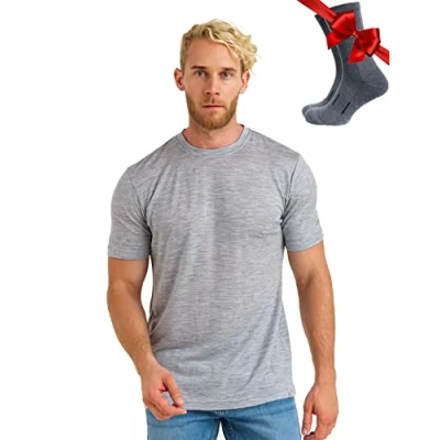 Imagen de Merino.tech Camiseta Lana Merino Hombre — 100% orgánica de Interior Capa Base Layer (Medium, Melange Grey)