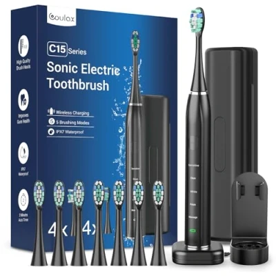 Imagen de Sonic Cepillo de dientes eléctrico sónico COULAX Viaje sónico, Shcall Electric Toothbrush con 8 cabezales, 5 modos, temporizador, negro