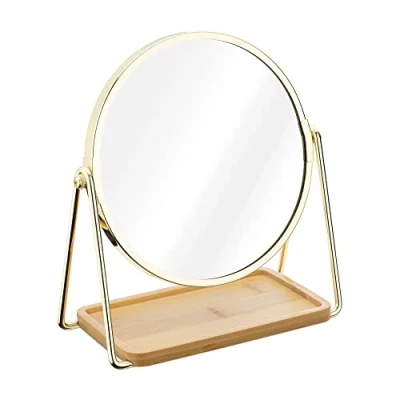 Imagen de Navaris Espejo de Mesa Redondo Doble Cara con Aumento 2X y 1x para tocador baño Base Bandeja bambú Maquillaje Joyas Dorado