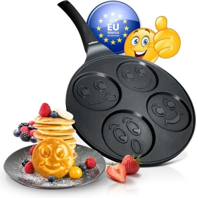 Imagen de endusor Sartén tortitas y pancakes para niños con motivo smiley Sarten (26cm) 4 hoyos protección antiadherente Todo tipo de cocinas e inducción divida panquecas