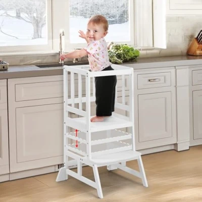 Imagen de COSYLAND Torre de Aprendizaje Montessori FSC Bambú para Bebés 1 a 6 Años Bebé con Altura Ajustable en 3 Niveles, Blanco