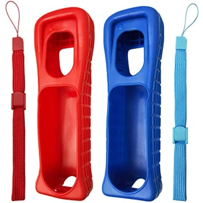 Imagen de 2 fundas de silicona con correa muñeca repuesto para mando a distancia Wii (rojo y azul)