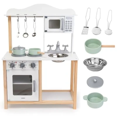 Imagen de Mamabrum Cocina de Madera para Niños con Microondas, Horno, Fregadero y Accesorios Diseño Moderno, Sonidos Mecánicos Juguete Montessori a partir 3 años