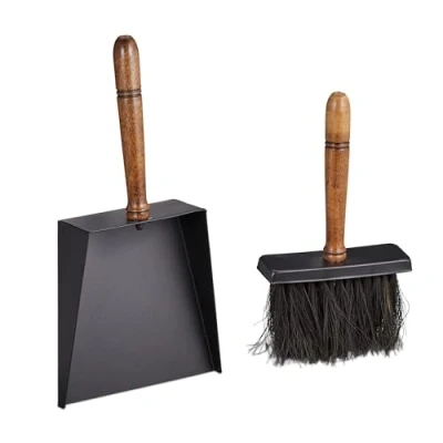Imagen de Relaxdays Accesorios Chimenea, Recogedor y Cepillo de Mano, Hierro Mango Madera, Cerdas Yute, Set Estufa, Negro/Marrón, 8 x 18 35,5 cm
