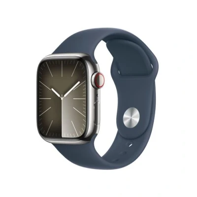 Imagen de Apple Watch Series 9 (2023), GPS+CELL, 41 mm, Gesto de doble toque, Caja acero inoxidable plata, Correa deportiva azul tempestad, Talla S/M