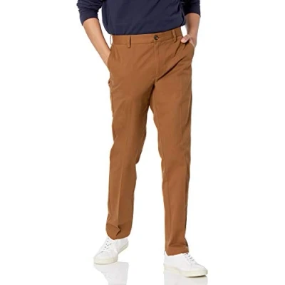Imagen de Amazon Essentials Pantalón Chino sin Pinzas Antiarrugas de Ajuste Entallado Hombre, Marrón Caqui Oscuro, 40W / 32L