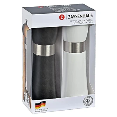 Imagen de Zassenhaus HAMBURG Juego de molinillos madera haya set regalo negro y blanco con mecanismo cerámica regulable sin niveles especias rellenos Ø 5,5 Altura: 18 cm