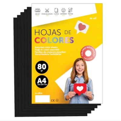 Imagen de Folios De Colores A4 80g Para Impresoras y Manualidades, Papel Surtido Niños, Paquete Tarjetas, Escuela Proyectos Creativos · m office (250h, Negro)