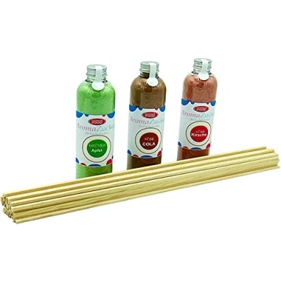 Imagen de azúcar para algodón de azúcar, 3 x 230 gramos máquina incluye 50 varillas (juego 2 manzanas, cola, cereza + varillas)
