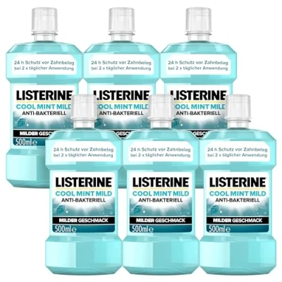 Imagen de LISTERINE Cool Mint Mild (6 x 500 ml), enjuague bucal antibacteriano con aceites esenciales y sin alcohol, combate eficazmente las bacterias, complemento perfecto para el cuidado dental