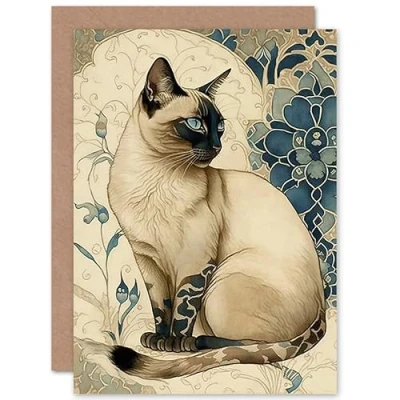 Imagen de Artery8 Siamese Cat with Blue Flower Pattern Modern Art Nouveau Watercolour Illustration Birthday Sealed Greeting Card Plus Envelope Blank inside