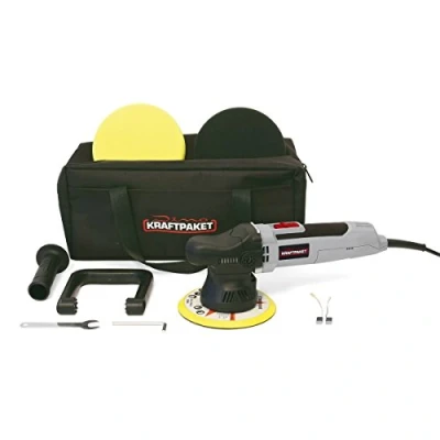 Imagen de Dino KRAFTPAKET Máquina pulidora excéntrica 640220 de 9 mm 650 W, juego infinitamente variable con esponja pulido, almohadilla bolsa para automóvil, barco