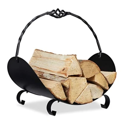 Imagen de Relaxdays Cesto Leñero de Metal, Soporte Asa, 42,5 x 43,5 30 cm, Bandeja para Leña, Acero, Negro, Kaminholzkorb Schwarz