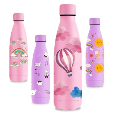Imagen de Vikastar Botella Termica, 0.5L Sin BPA, Agua Acero Inoxidable, Reutilizable, Cantimplora, a Prueba de Fugas, Doble Aislamiento, para Niños, Deportes, Fitness, Rosa Globos